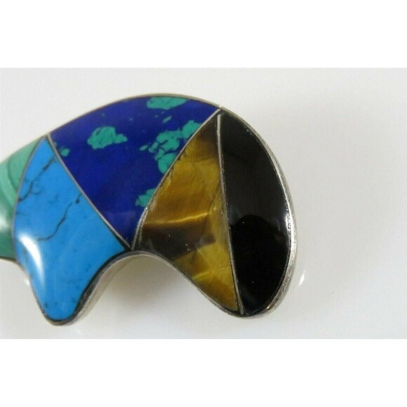 950 Silver Fetish Bear Brooch Onyx, Tigers Eye, Turquoise Taxco Alicia ODC - Picture 2 of 9